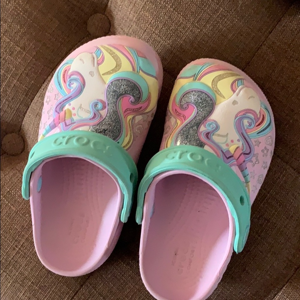 Child’s unicorn crocs